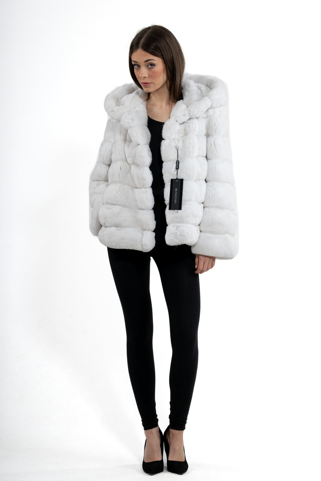 Model wearing a Snow White Chinchilla fur coat by manzari