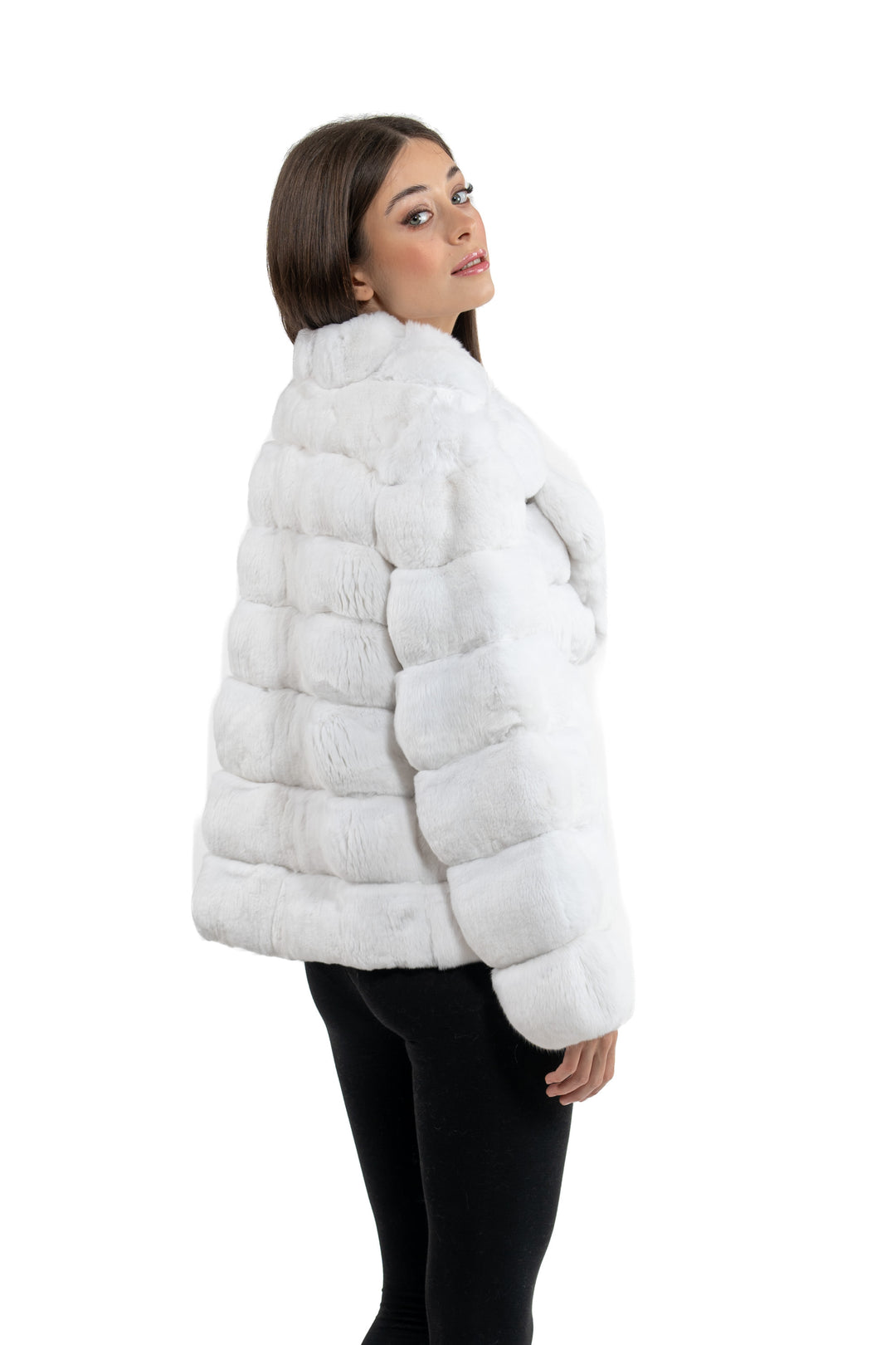 Model wearing a Snow White Chinchilla fur coat by manzari