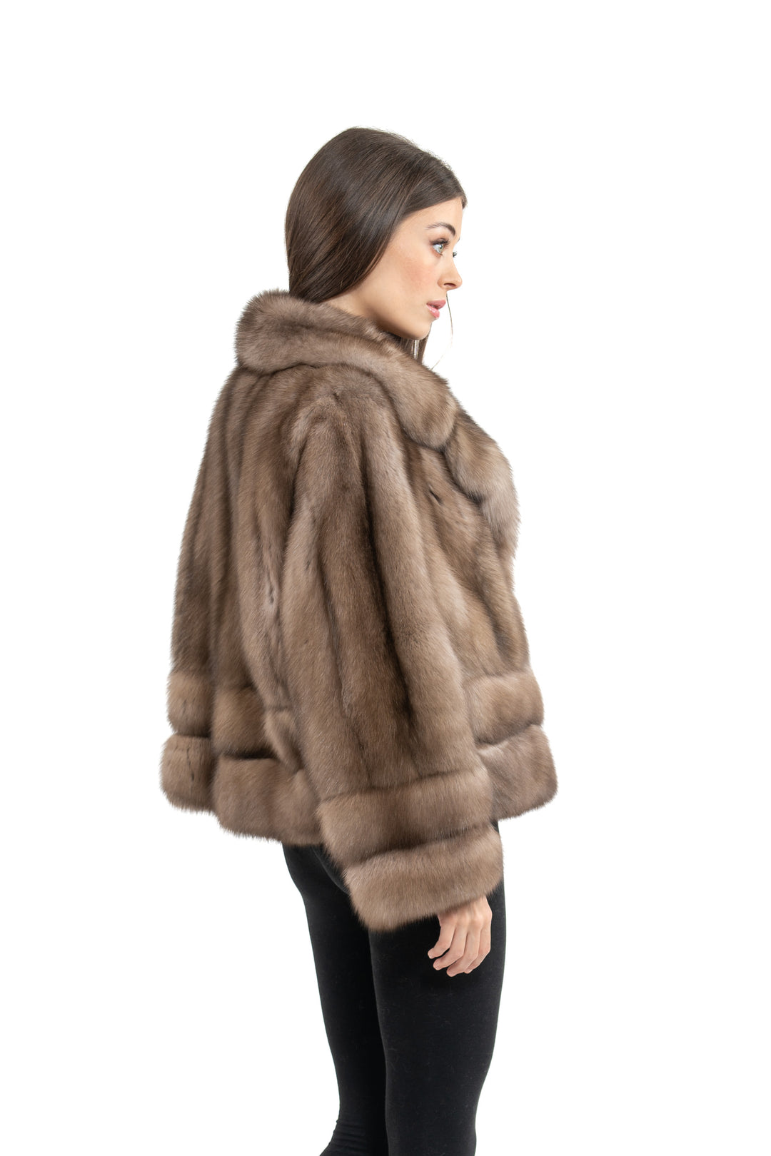 Model wearing a Lavander Russian sable fur coat by manzari