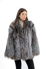 A short silver natural fox fur jacket featuring a high collar, open front design, and long, straight sleeves.