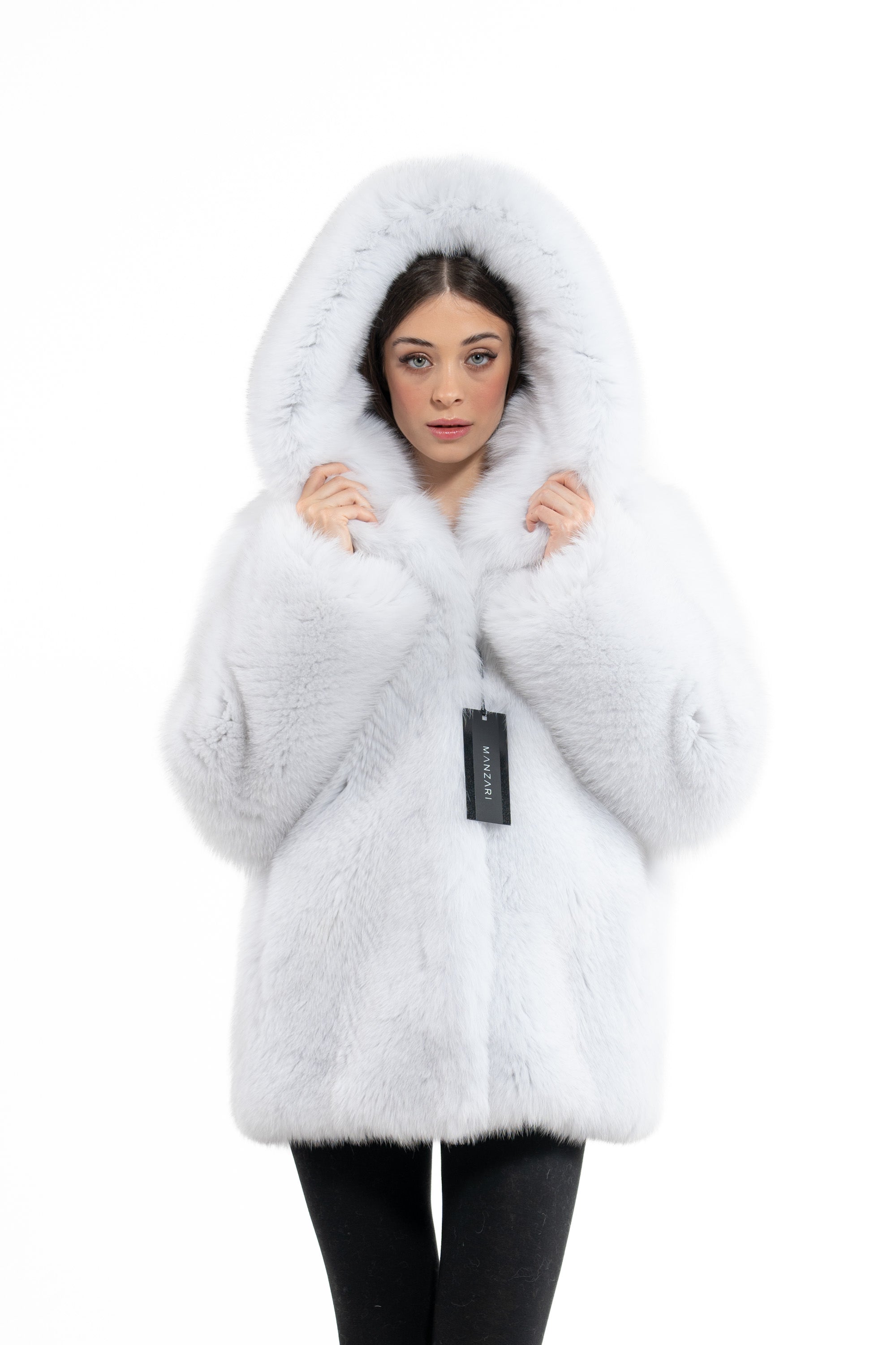 Shadow Blue Frost Fox Fur Short Jacket With Hood - Women's Short