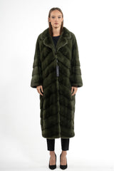 Dark olive mink fur coat with a V-chevron pattern, featuring a wide collar, full sleeves, and a long silhouette, shown from the front.