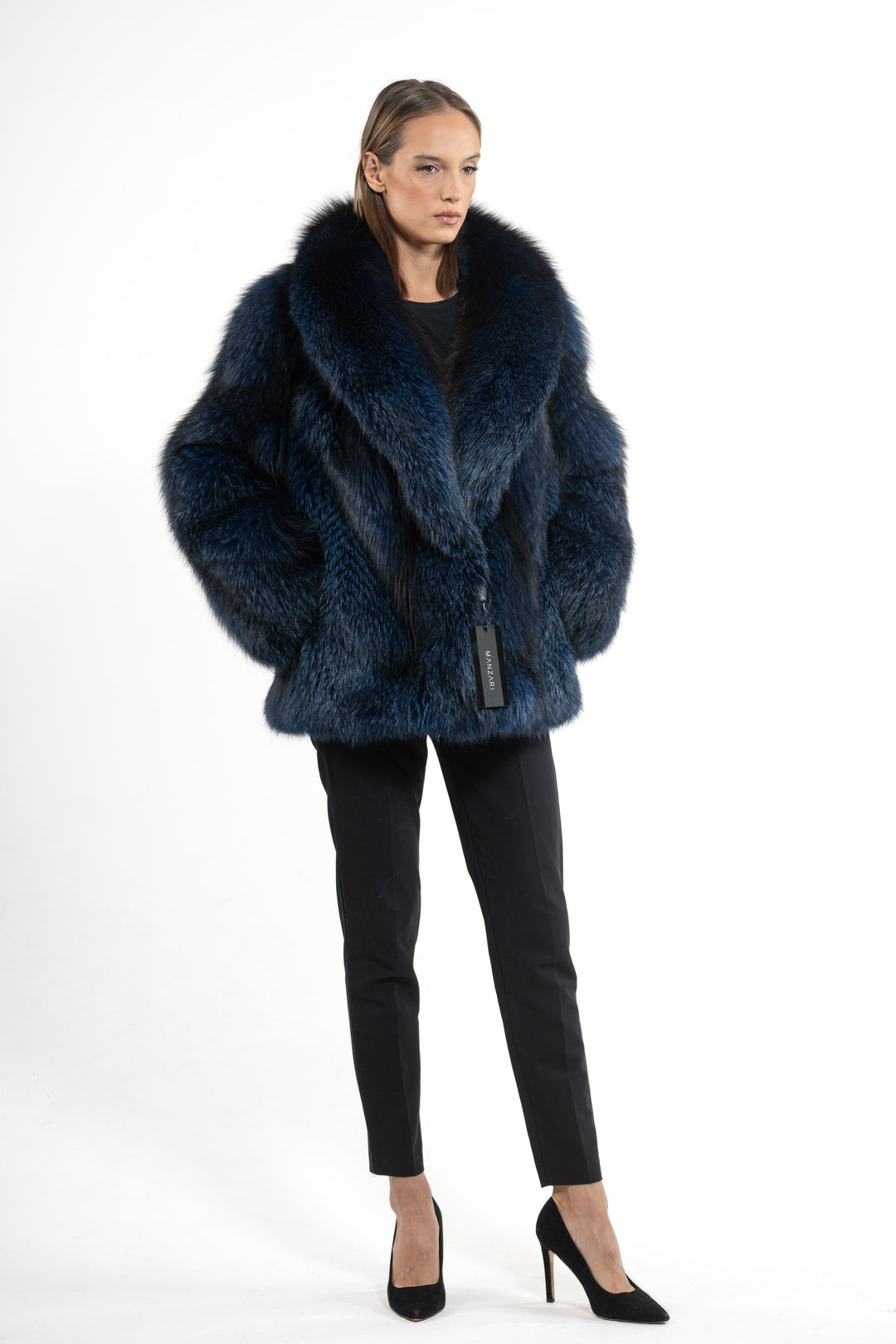 Model wearing a Blue Frost Fox fur coat by manzari