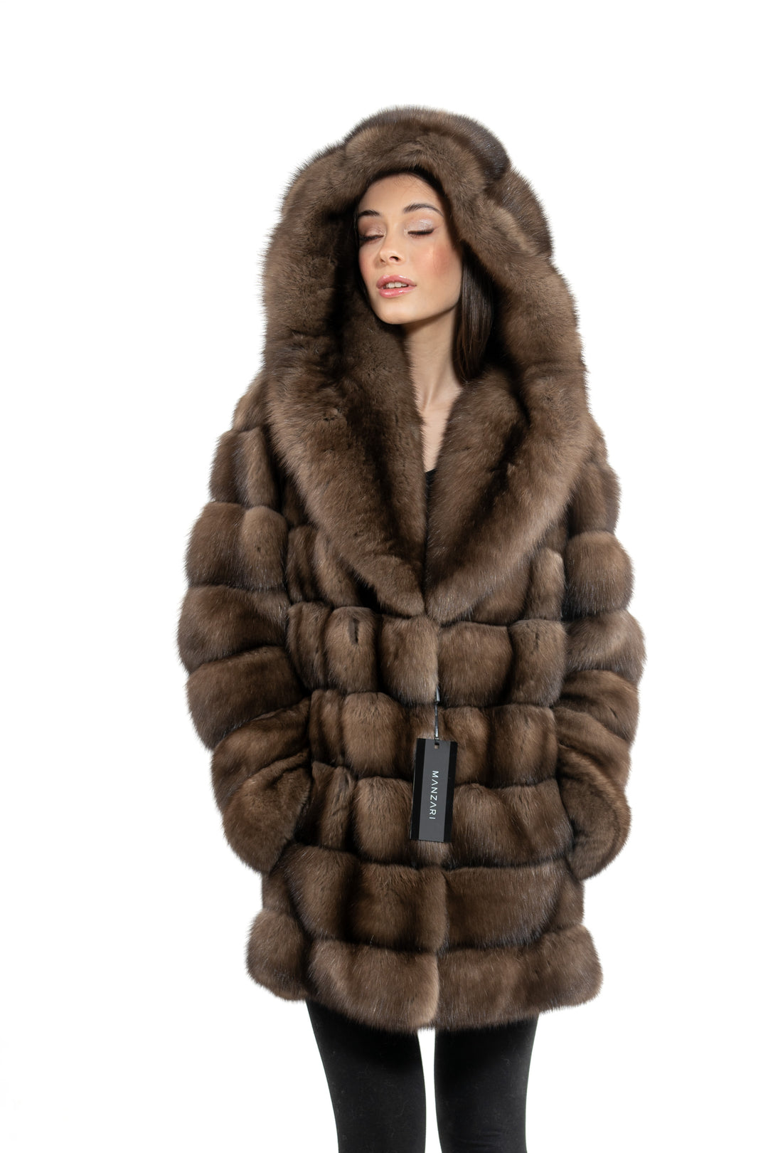 Luxurious Gun Metal Russian sable fur coat on display