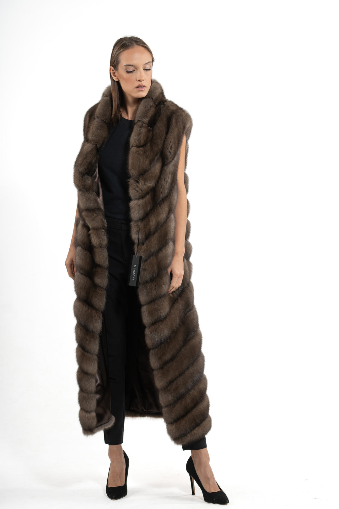 Luxurious Platinum Russian sable fur coat on display