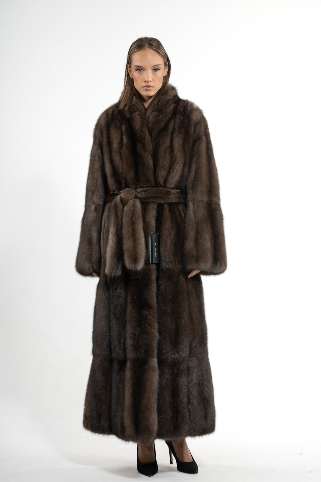 Model wearing a Platinum Russian sable fur coat by manzari