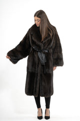 Dark Russian sable jacket featuring a large notch collar, wide sleeves, and a black leather waist tie. The fur is set in horizontal panels.