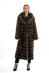 A full-length gun metal Russian sable coat with a notched collar and long sleeves. The fur is worked in a horizontal banded pattern throughout.