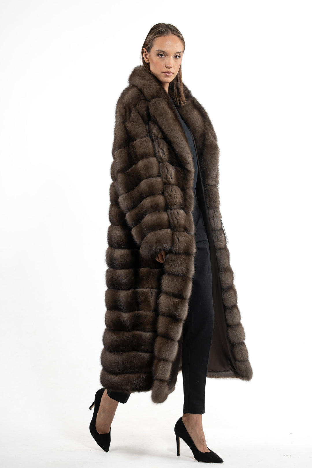 Luxurious Gun Metal Russian sable fur coat on display