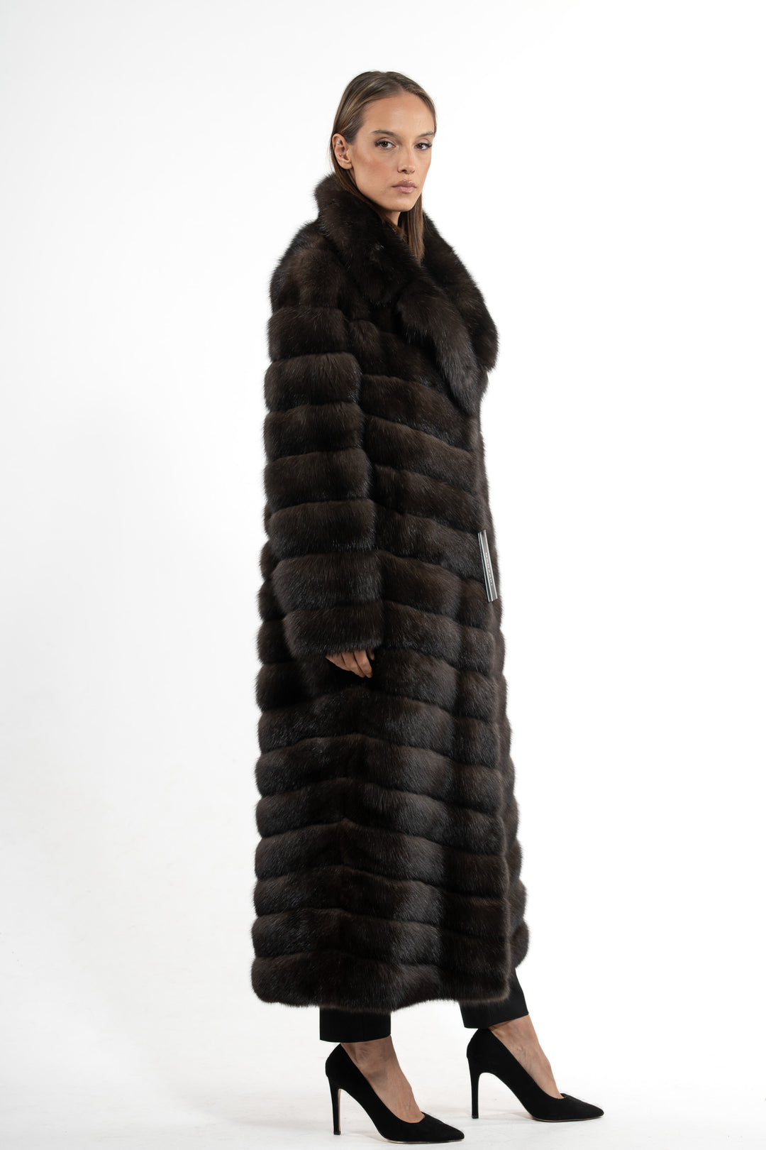 Model wearing a Carbonio Russian sable fur coat by manzari