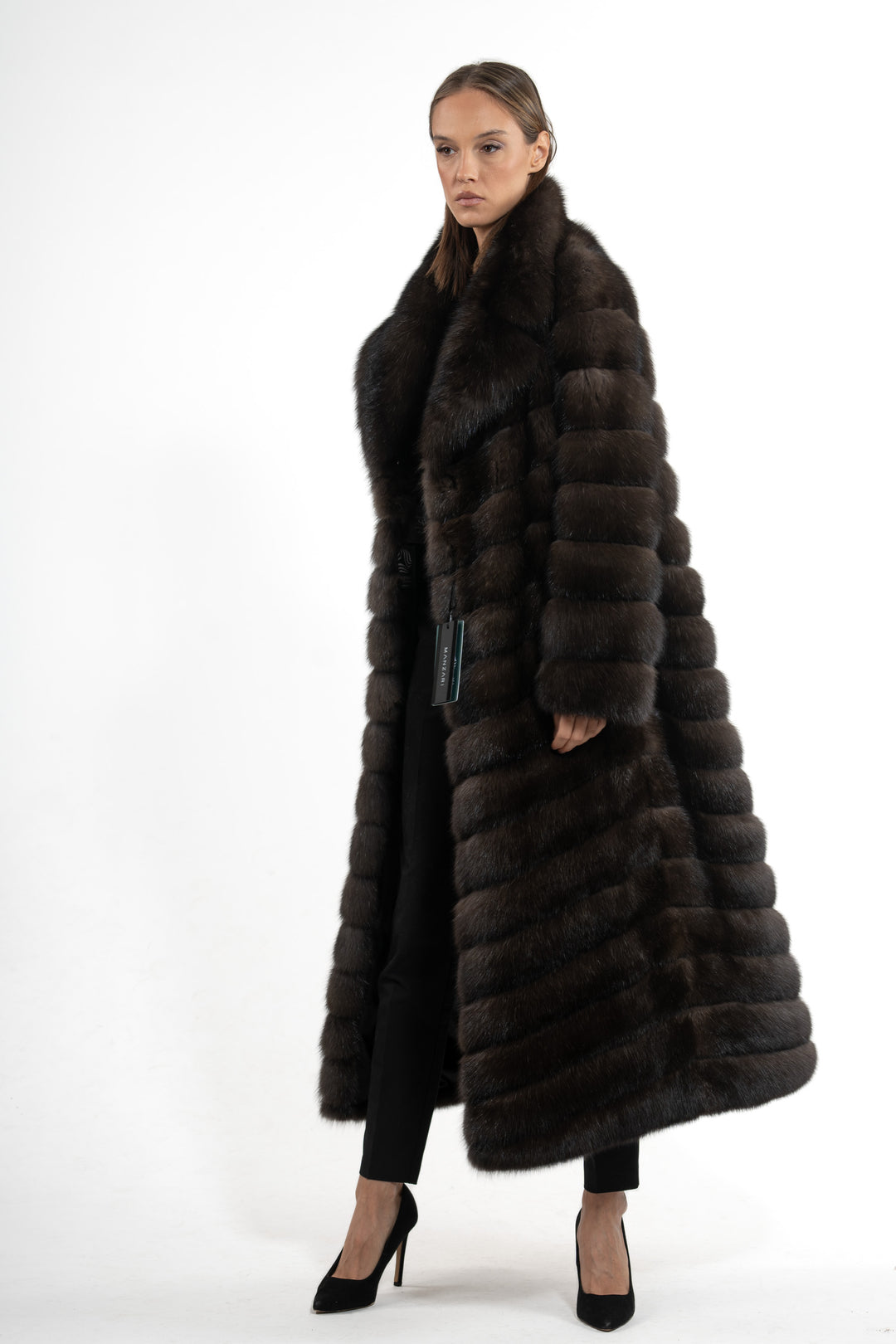 Model wearing a Carbonio Russian sable fur coat by manzari