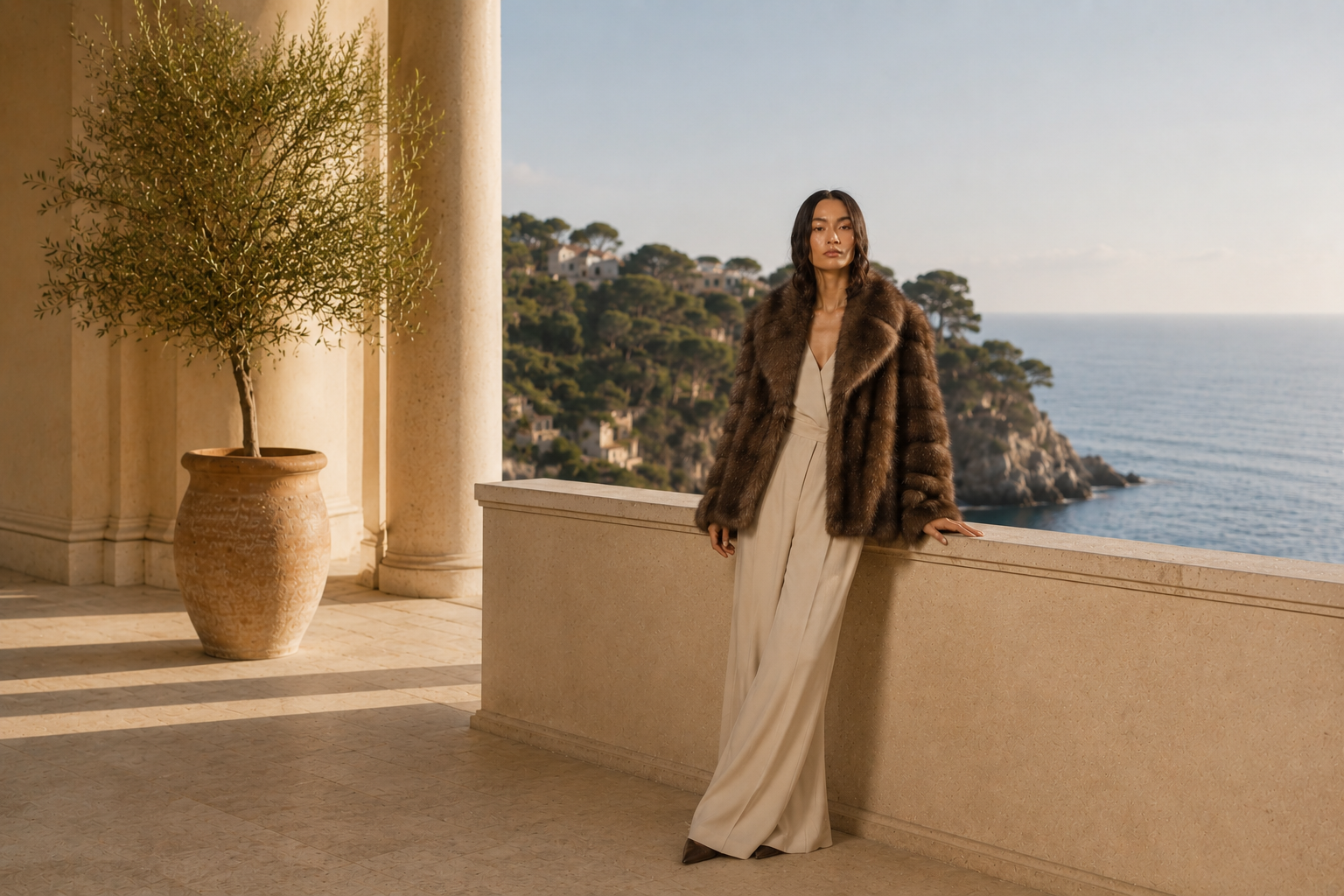 russian sable jacket worn in luxury terrace