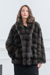Carbonio silvery Russian sable fur short jacket featuring a wide collar and a block-patterned construction with horizontal rows.