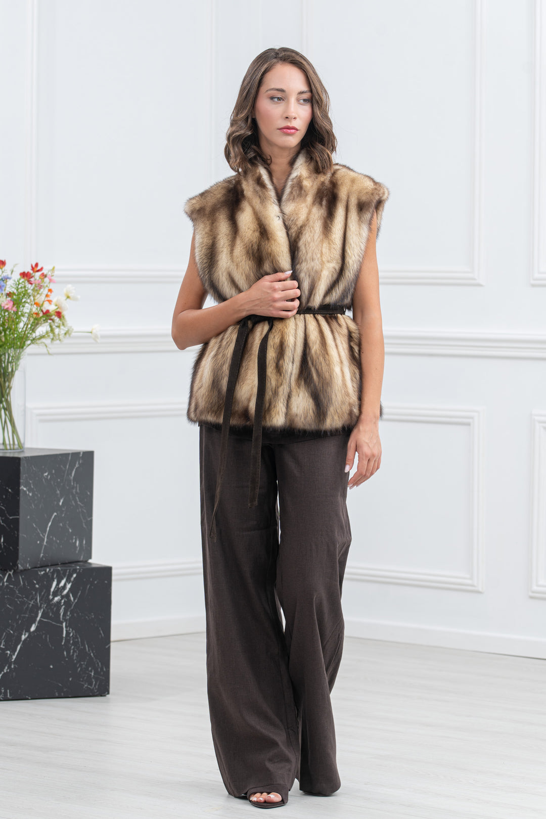 Natural Fitch Fur Short Vest - Women&