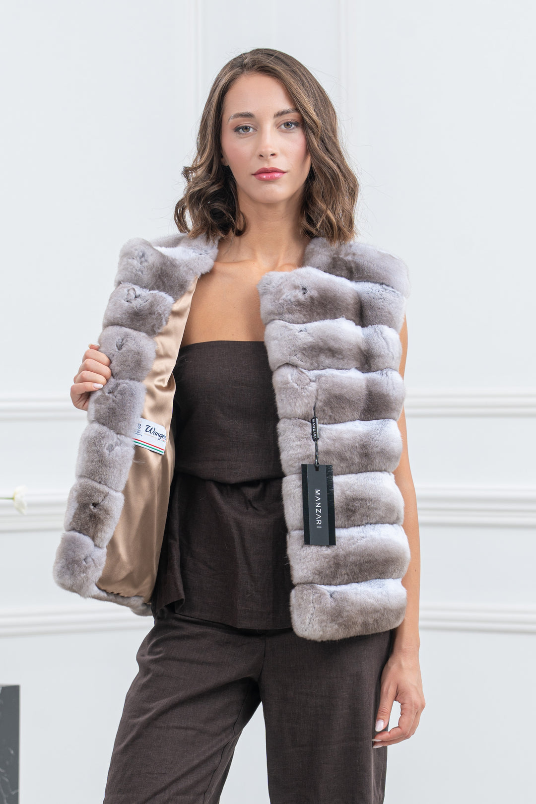 Dark Beige Chinchilla Fur Short Vest - Women&