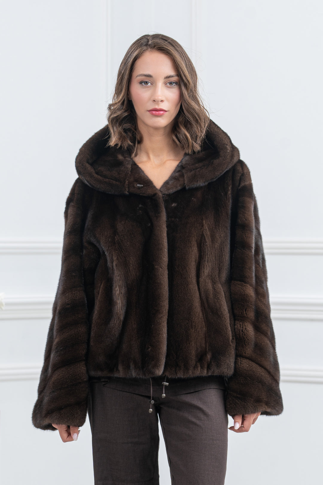 Mahogany Mink Fur Short Jacket with Hood - Women&