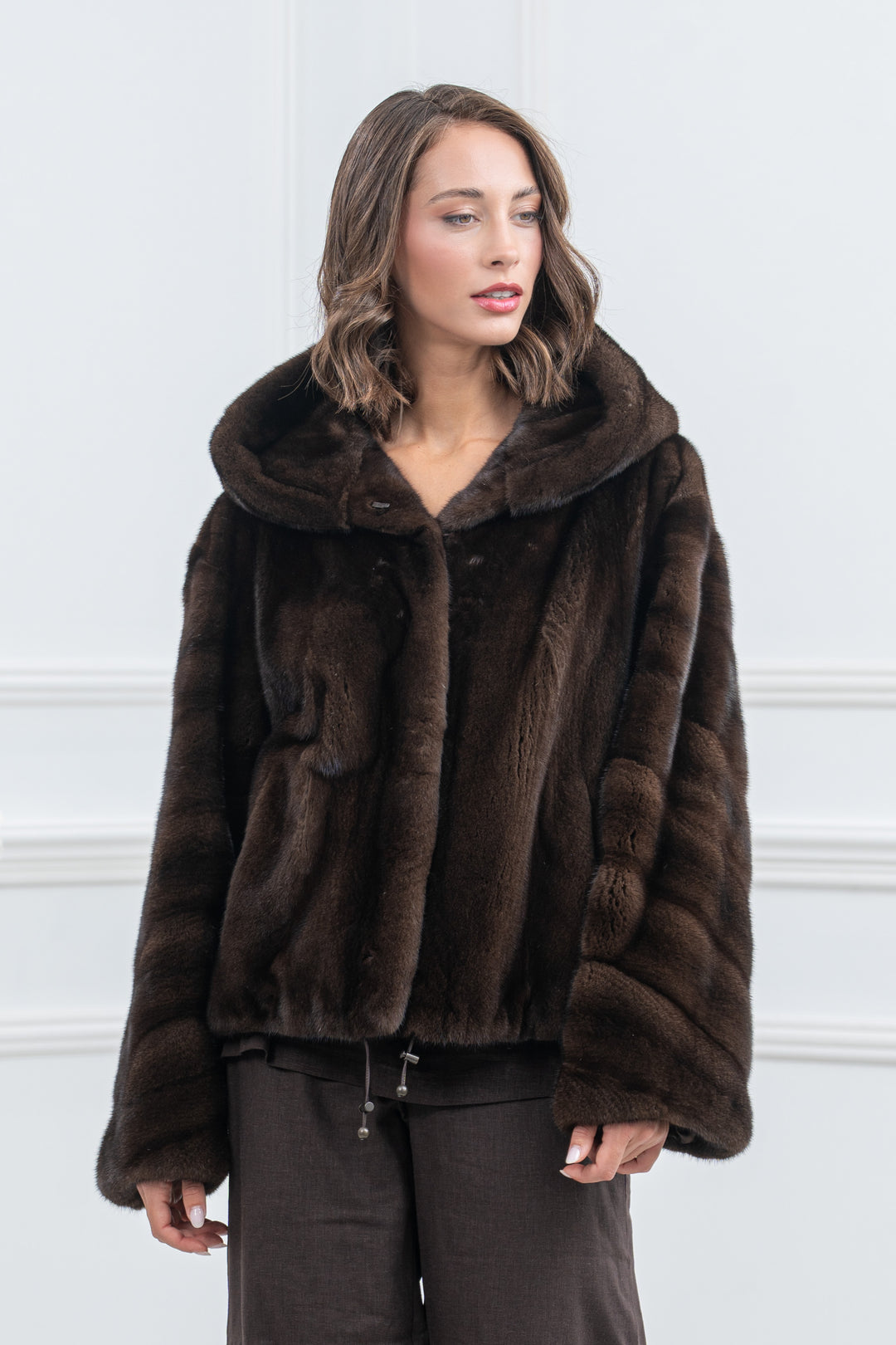 Mahogany Mink Fur Short Jacket with Hood - Women&