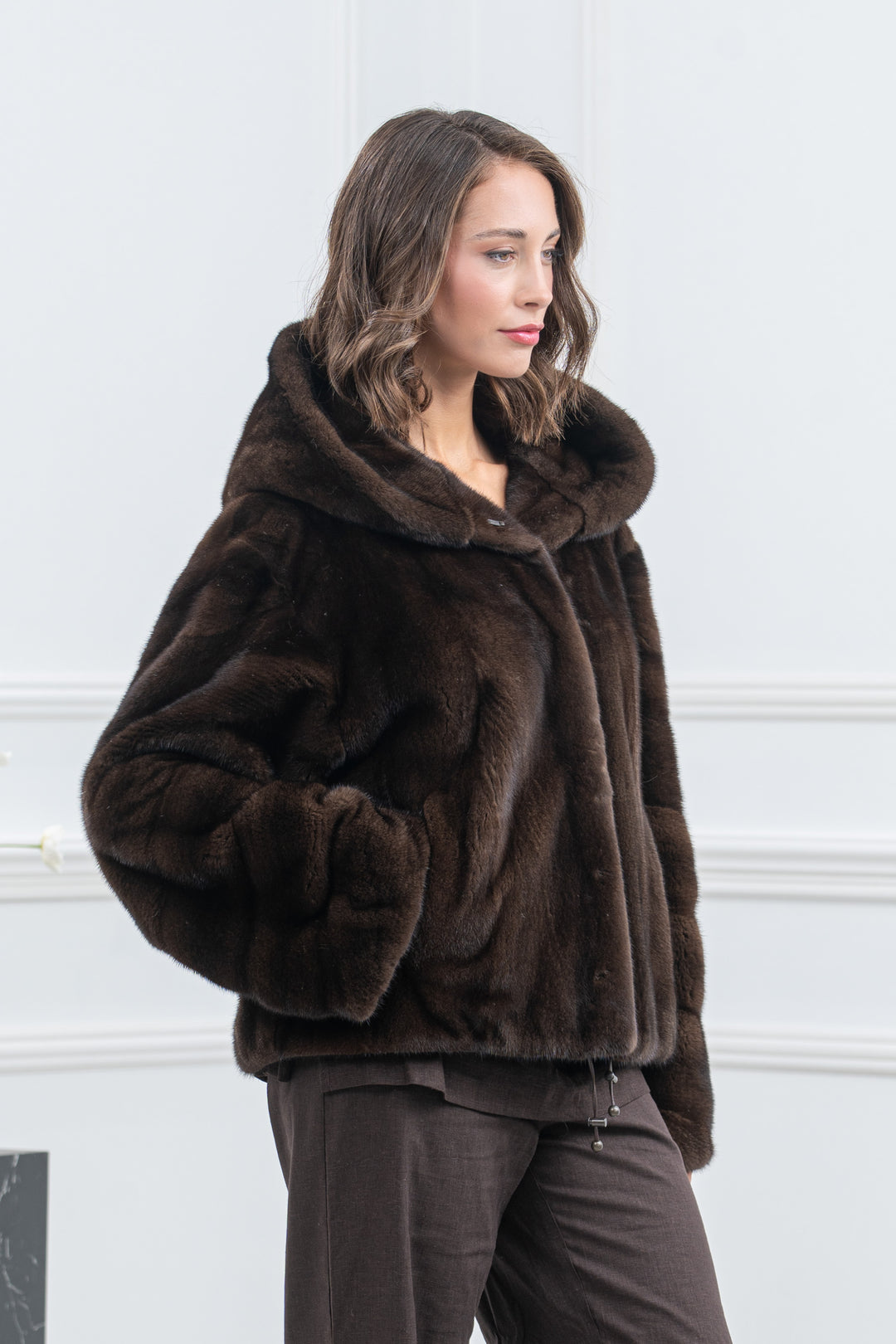 Mahogany Mink Fur Short Jacket with Hood - Women&