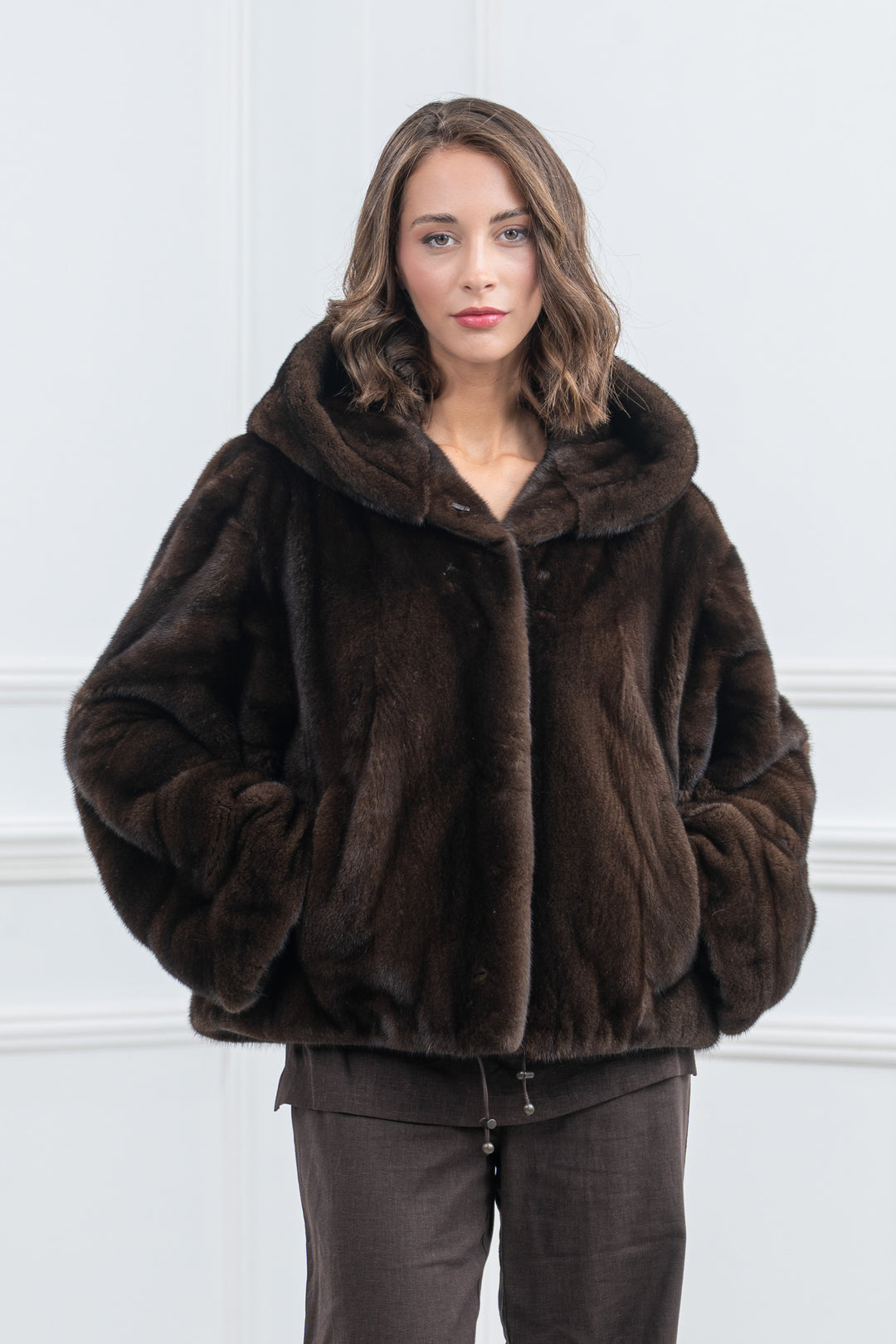 Mahogany Mink Fur Short Jacket with Hood - Women&