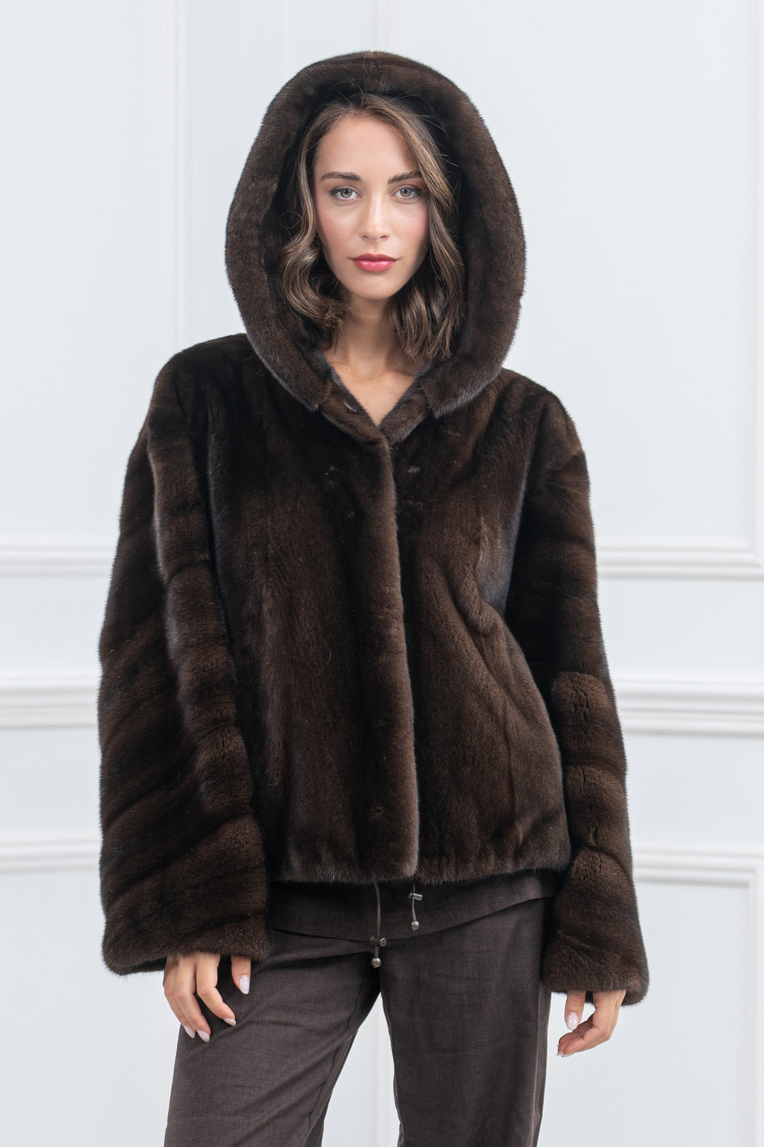 Mahogany Mink Fur Short Jacket with Hood - Women&
