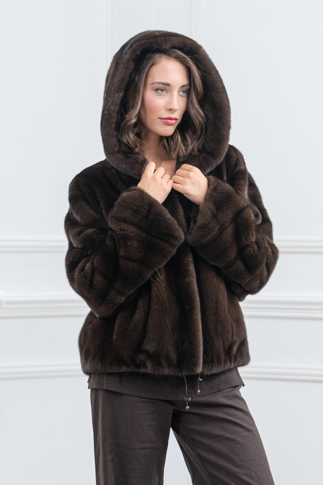 Mahogany Mink Fur Short Jacket with Hood - Women&