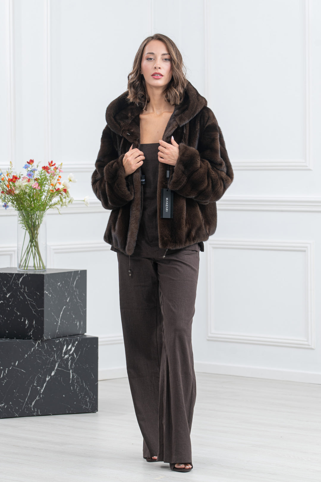 Mahogany Mink Fur Short Jacket with Hood - Women&