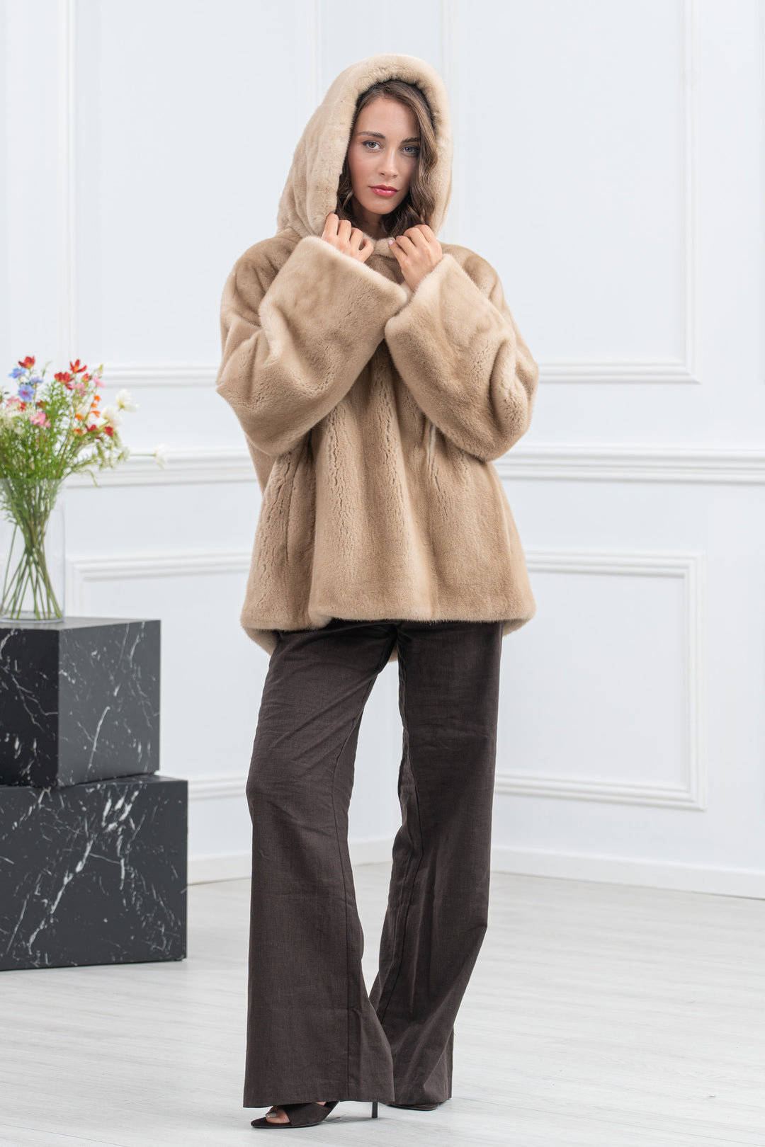 Palomino Mink Fur Short Jacket with Hood - Women&