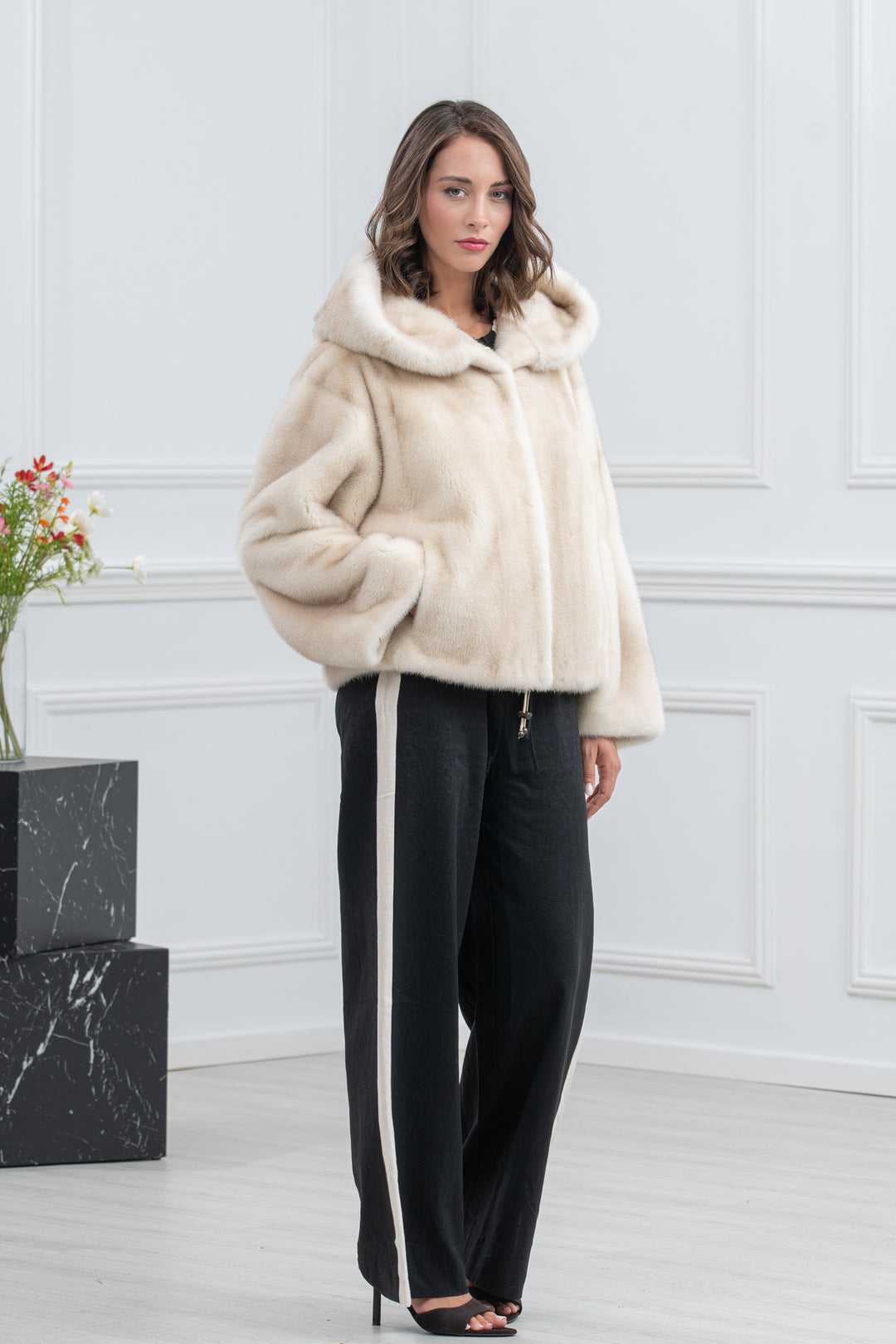 Cinnamon Mink Fur Short Jacket with Hood - Women&
