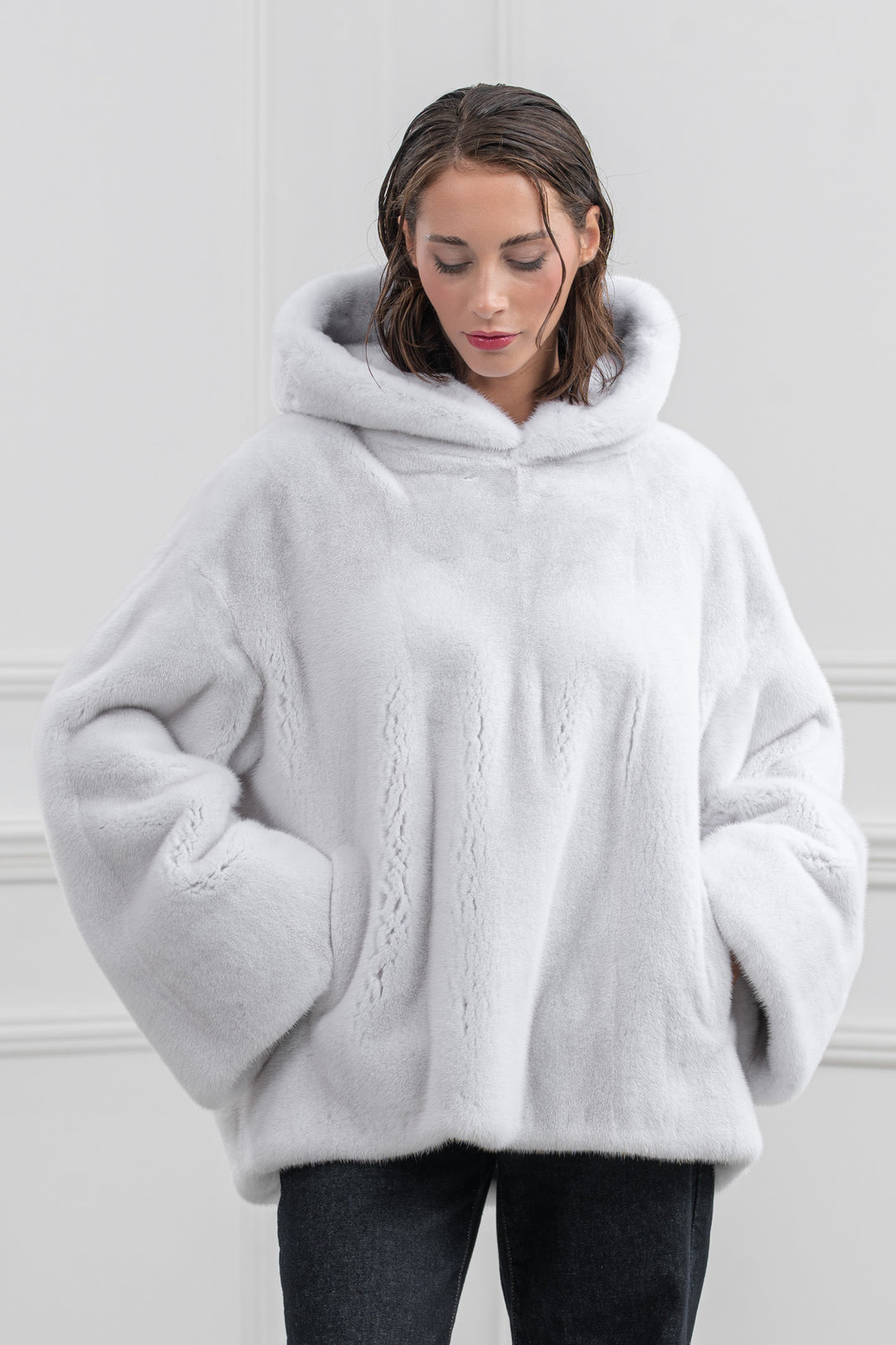 White Mink Fur Short Jacket with Hood - Women&