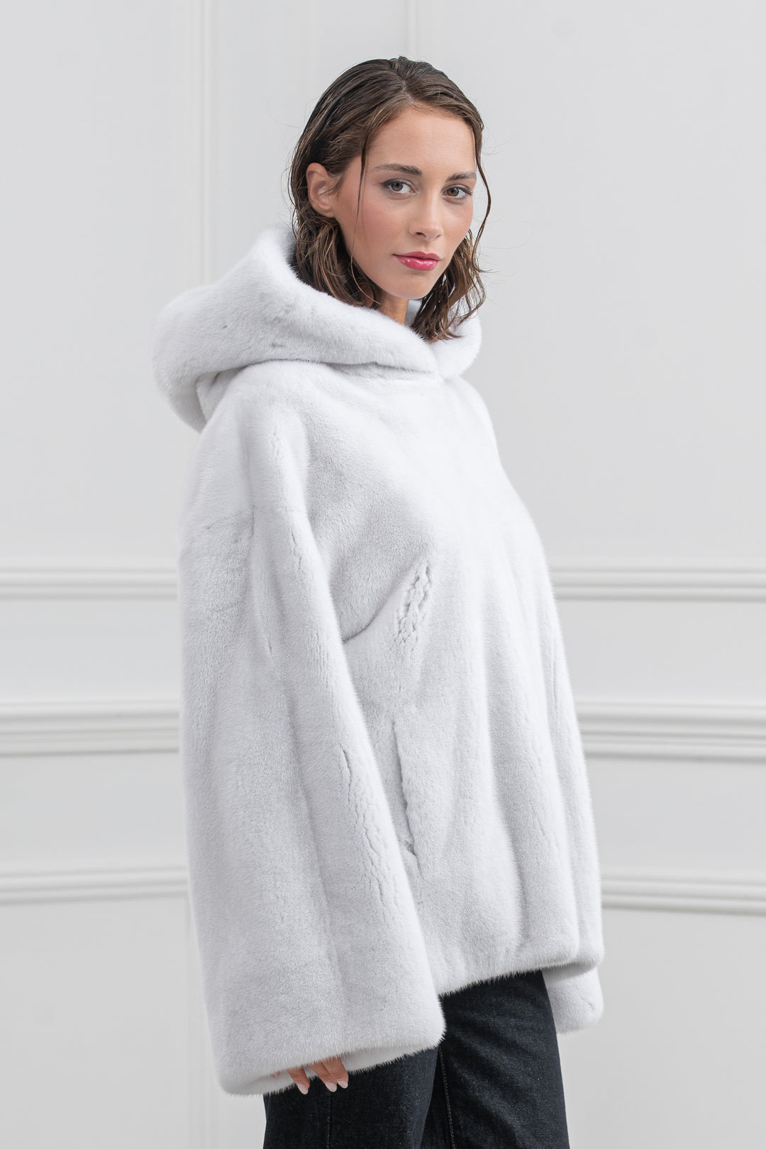 White Mink Fur Short Jacket with Hood - Women&
