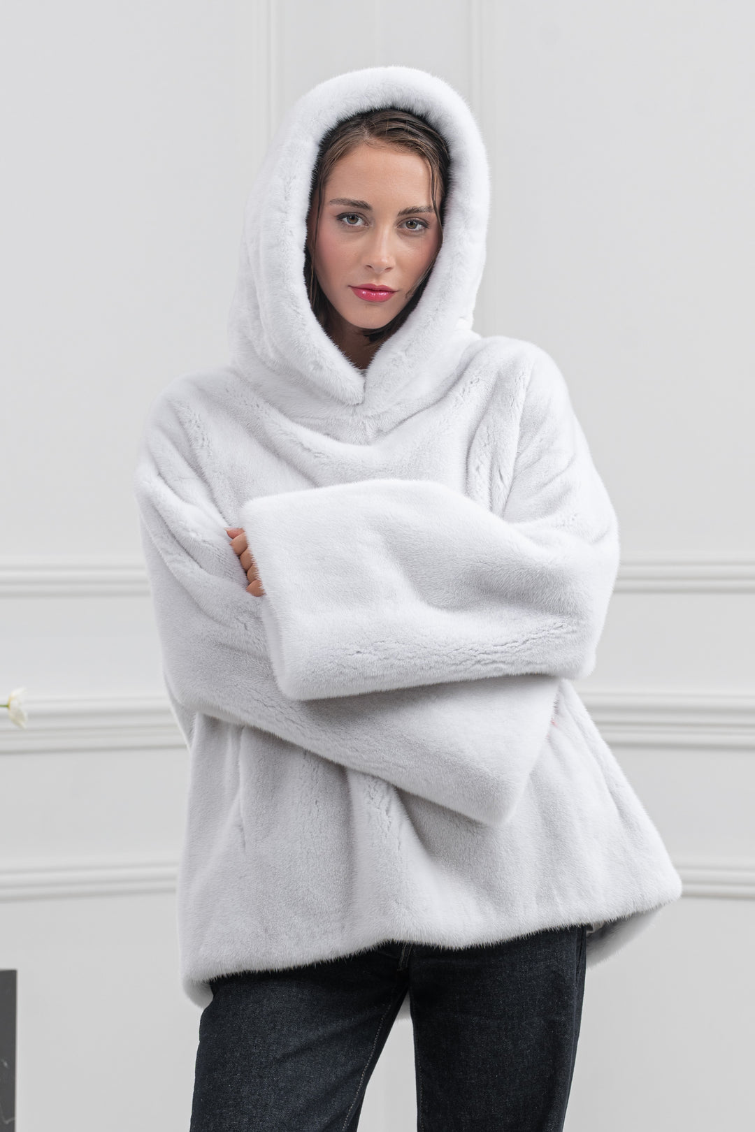 White Mink Fur Short Jacket with Hood - Women&