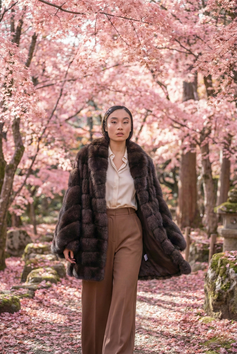 russian sable coat worn in beautiful japanese pink trees background