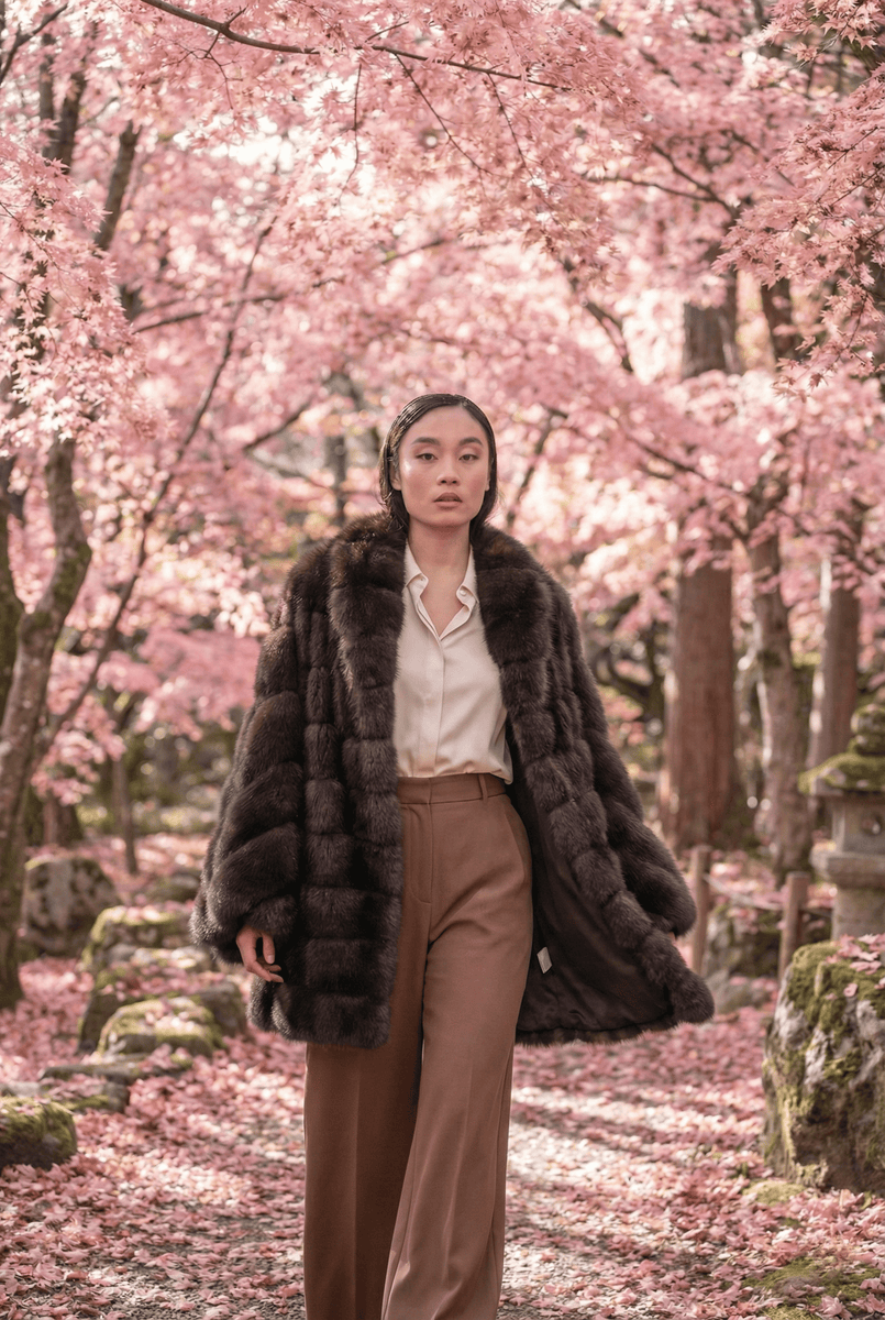 russian sable coat worn in beautiful japanese pink trees background
