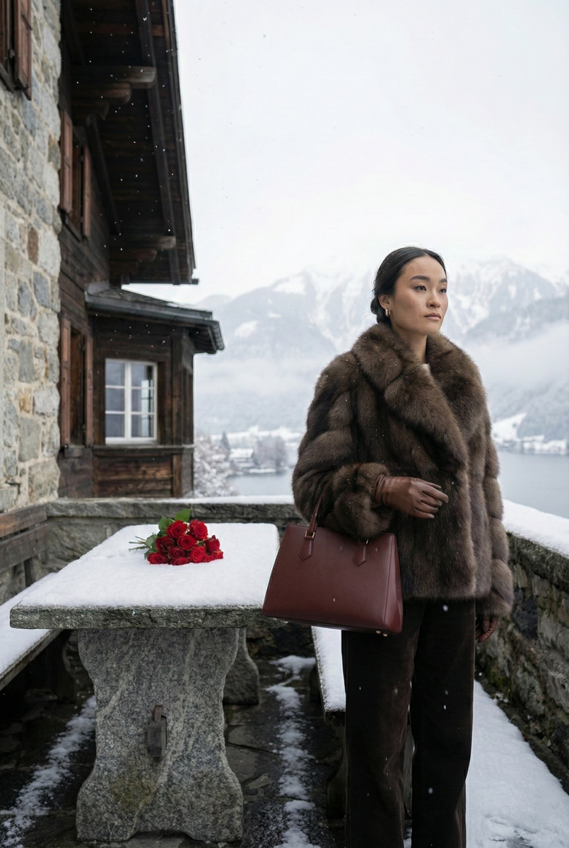 model wearing russian sable coat frozen lake background