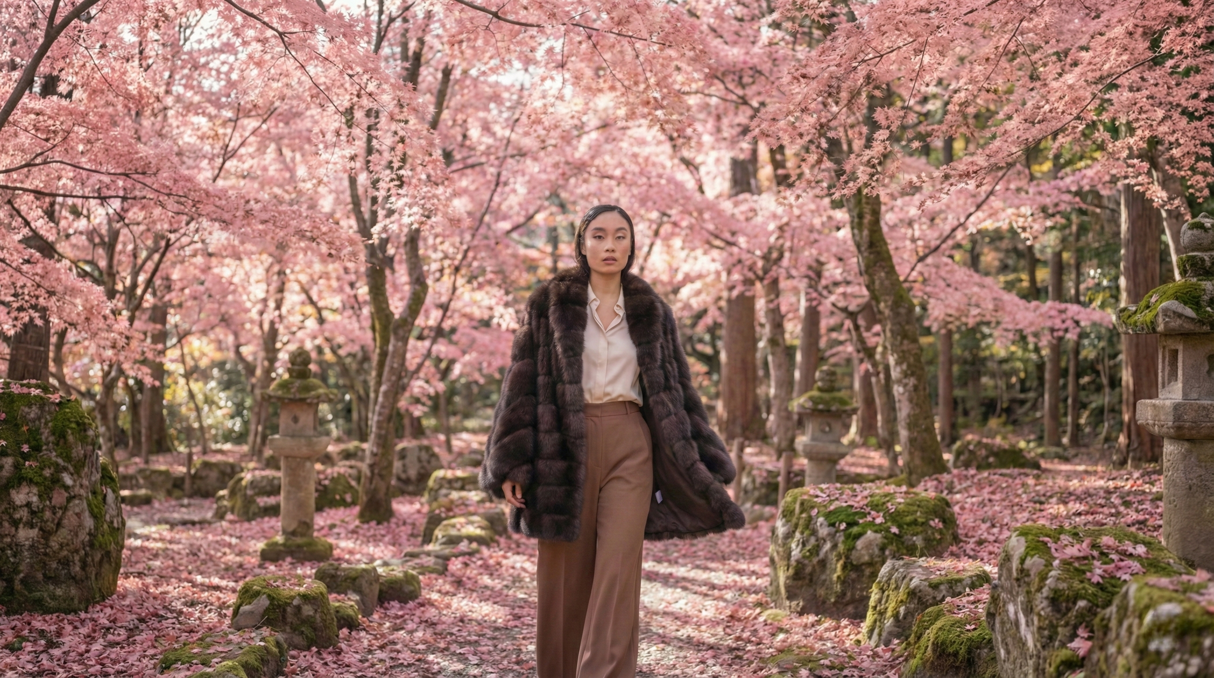 russian sable coat worn in beautiful japanese pink trees background