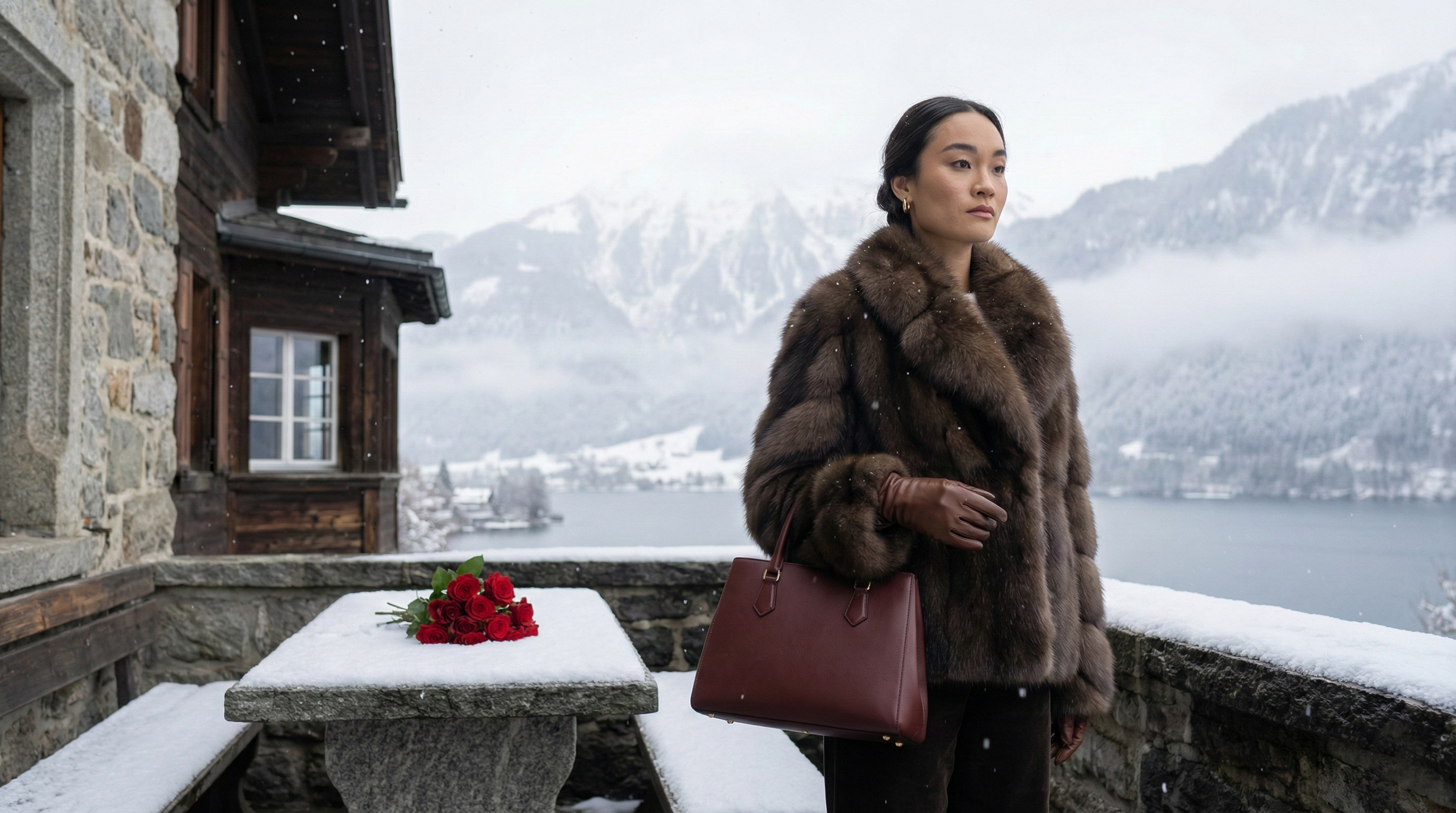 model wearing russian sable coat landscape image. frozen lake background
