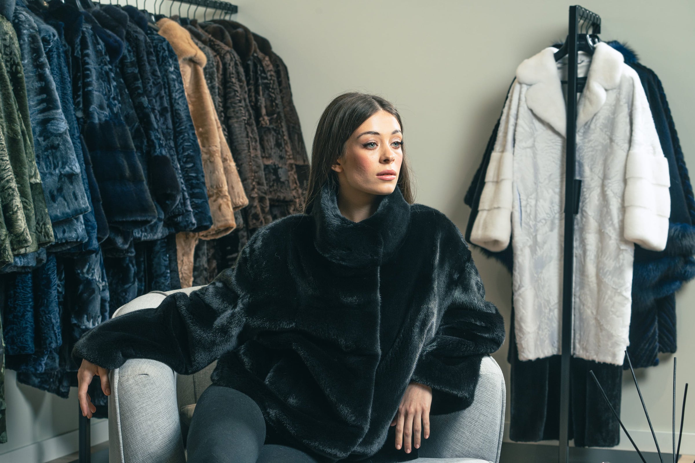 Short womens jacket worn by model at Manzari Showroom