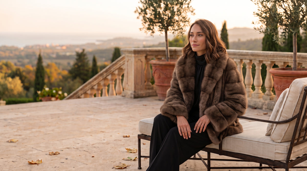 A woman on a Mediterranean terrace wearing a luxury, voluminous short sable fur jacket, paired with a black high-neck top and dark trousers.