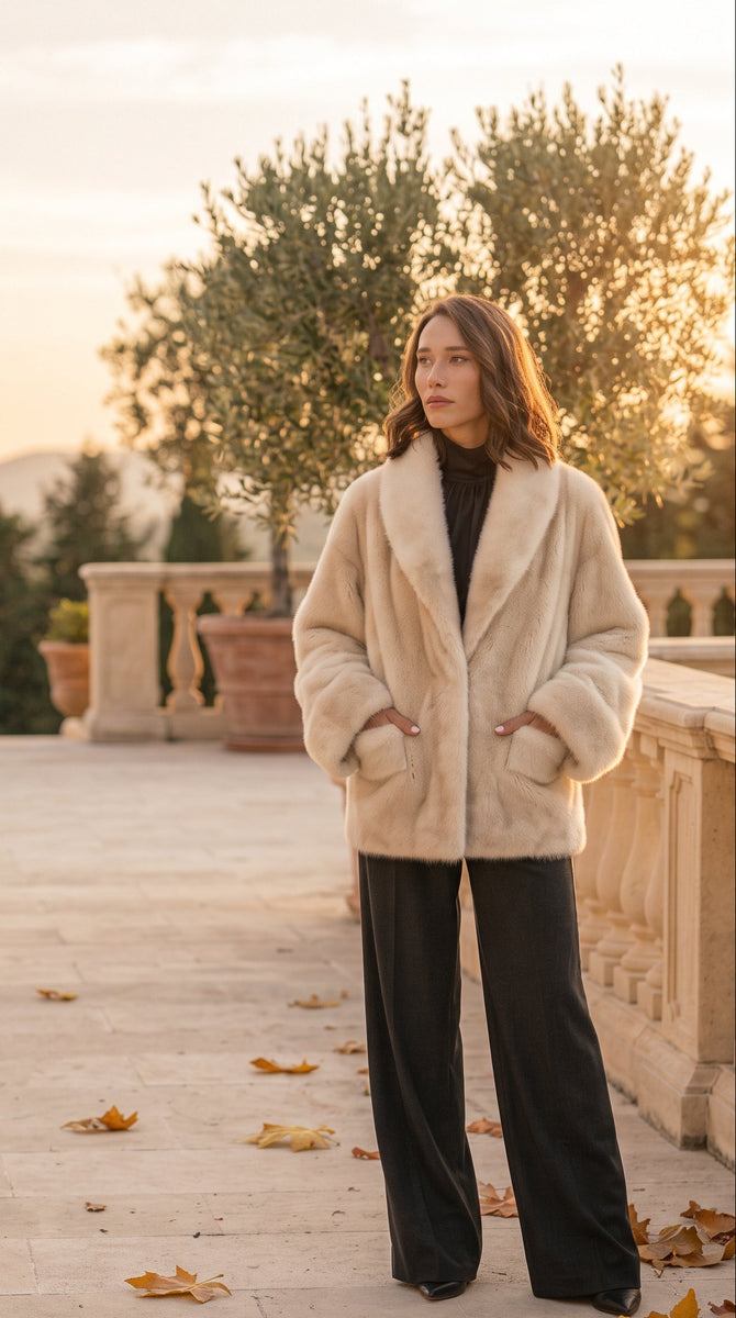 A woman on a Mediterranean terrace wearing a luxury, voluminous short mink fur jacket in a light cream color, paired with a black high-neck top and dark trousers.
