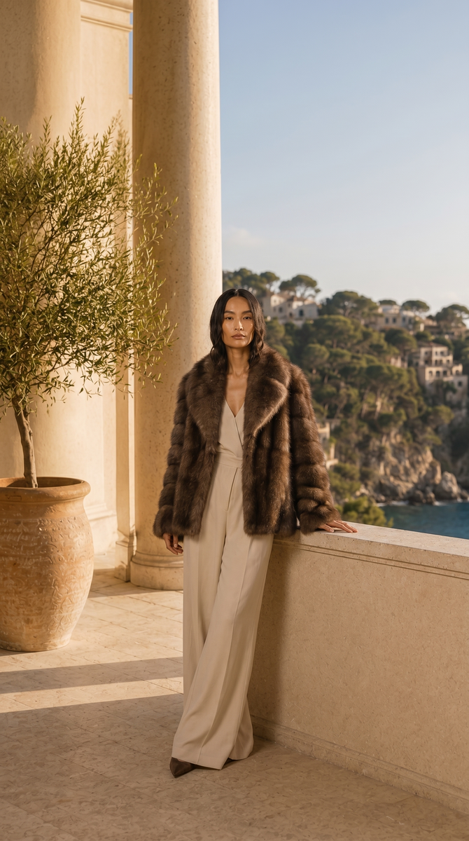 russian sable jacket worn in luxury terrace