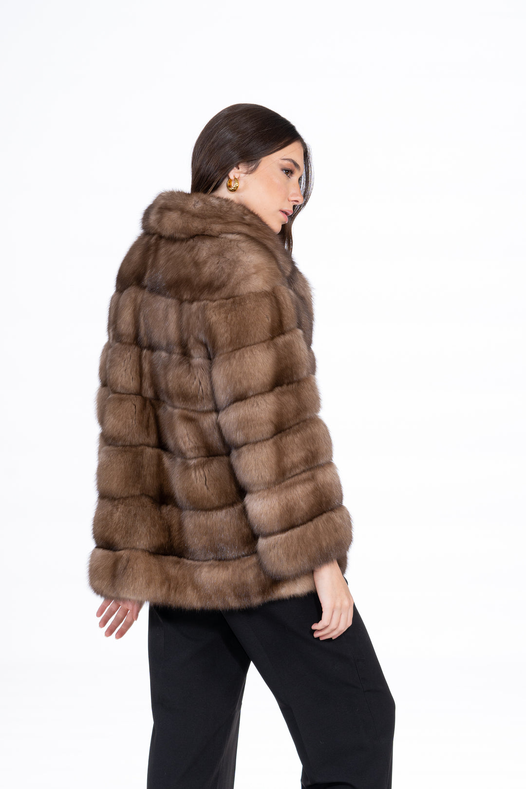 Model wearing a Lavander Russian sable fur coat by manzari