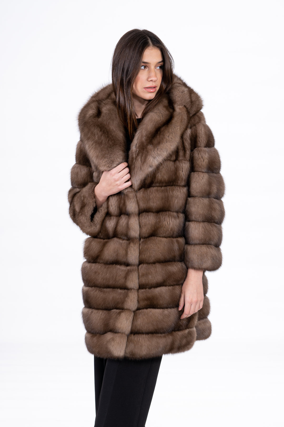 Model wearing a Lavander Russian sable fur coat by manzari