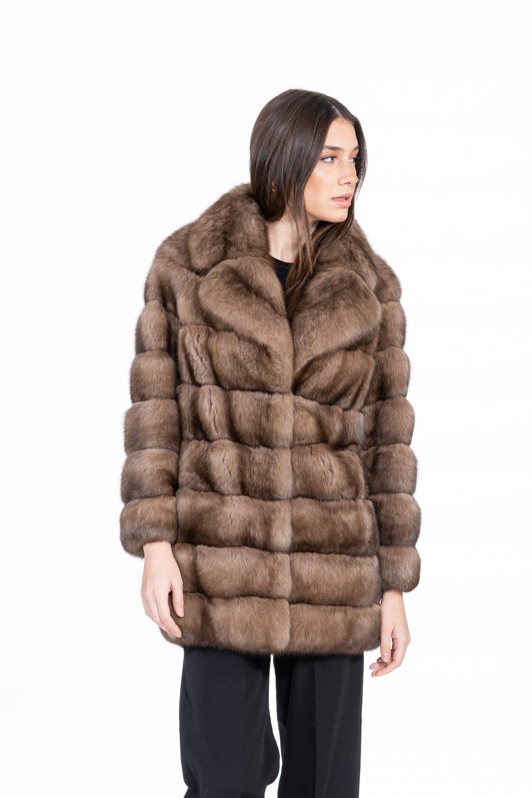 Model wearing a Gun Metal Russian sable fur coat by manzari