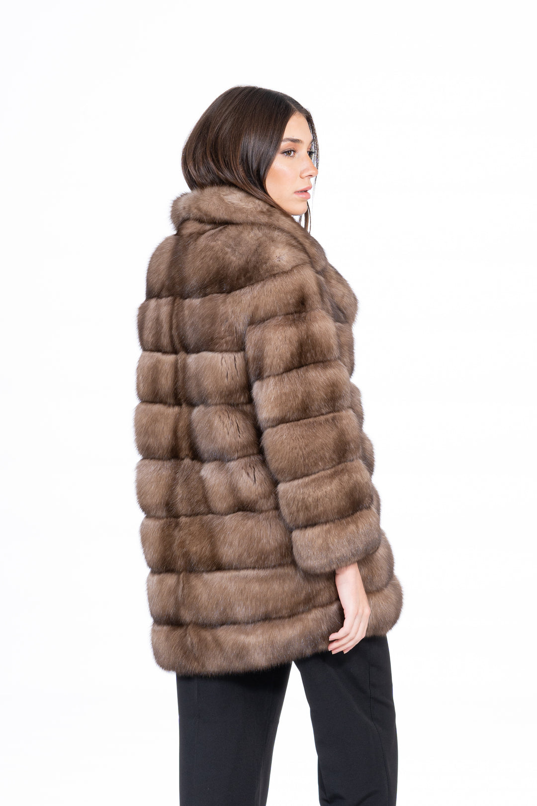 Model wearing a Gun Metal Russian sable fur coat by manzari