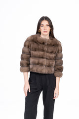 Russian sable short jacket with a round neckline, featuring horizontal pelt construction and three-quarter length sleeves.