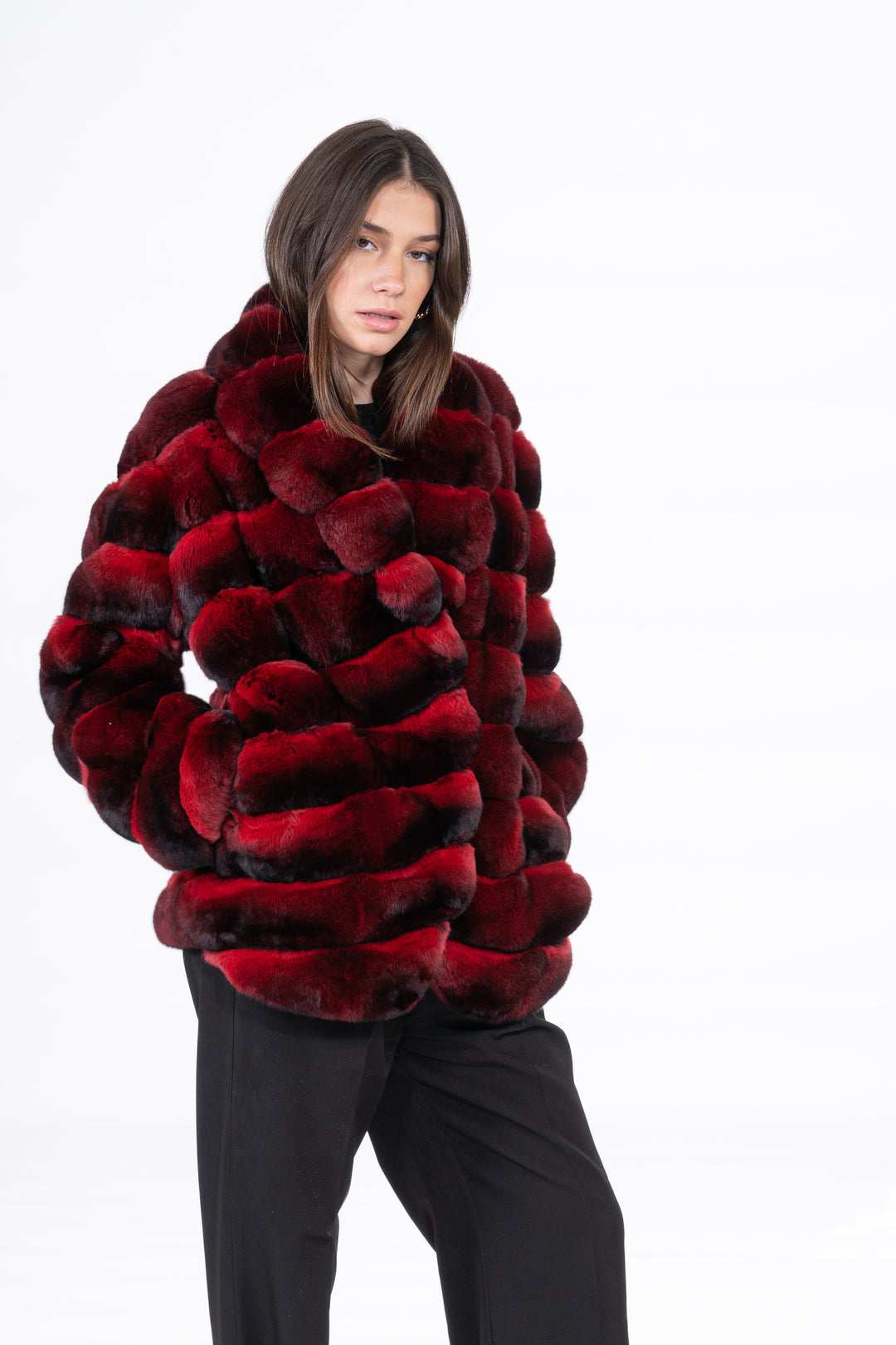 Manzari Red Chinchilla fur coat for a timeless appeal