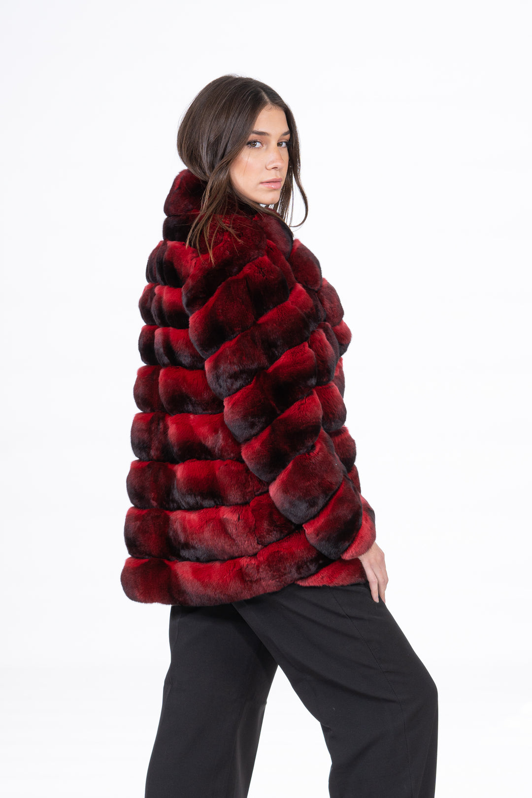 Manzari Red Chinchilla fur coat with a modern touch