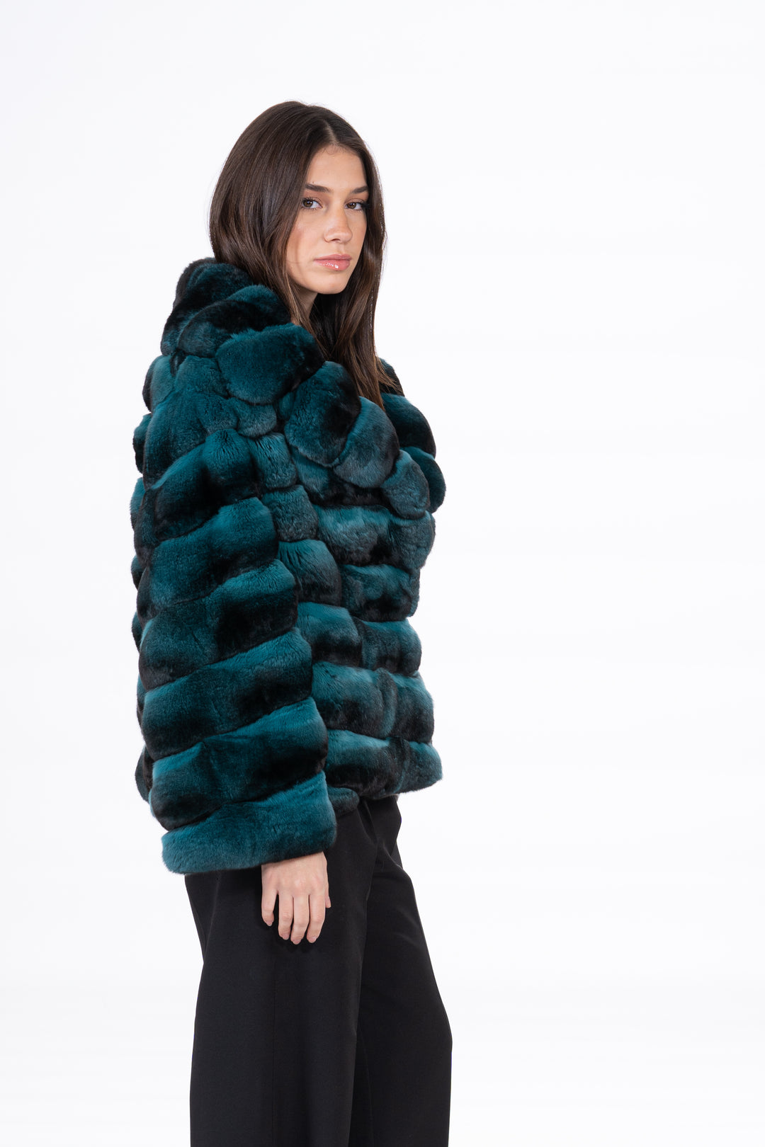Manzari Green Chinchilla fur coat with a modern touch
