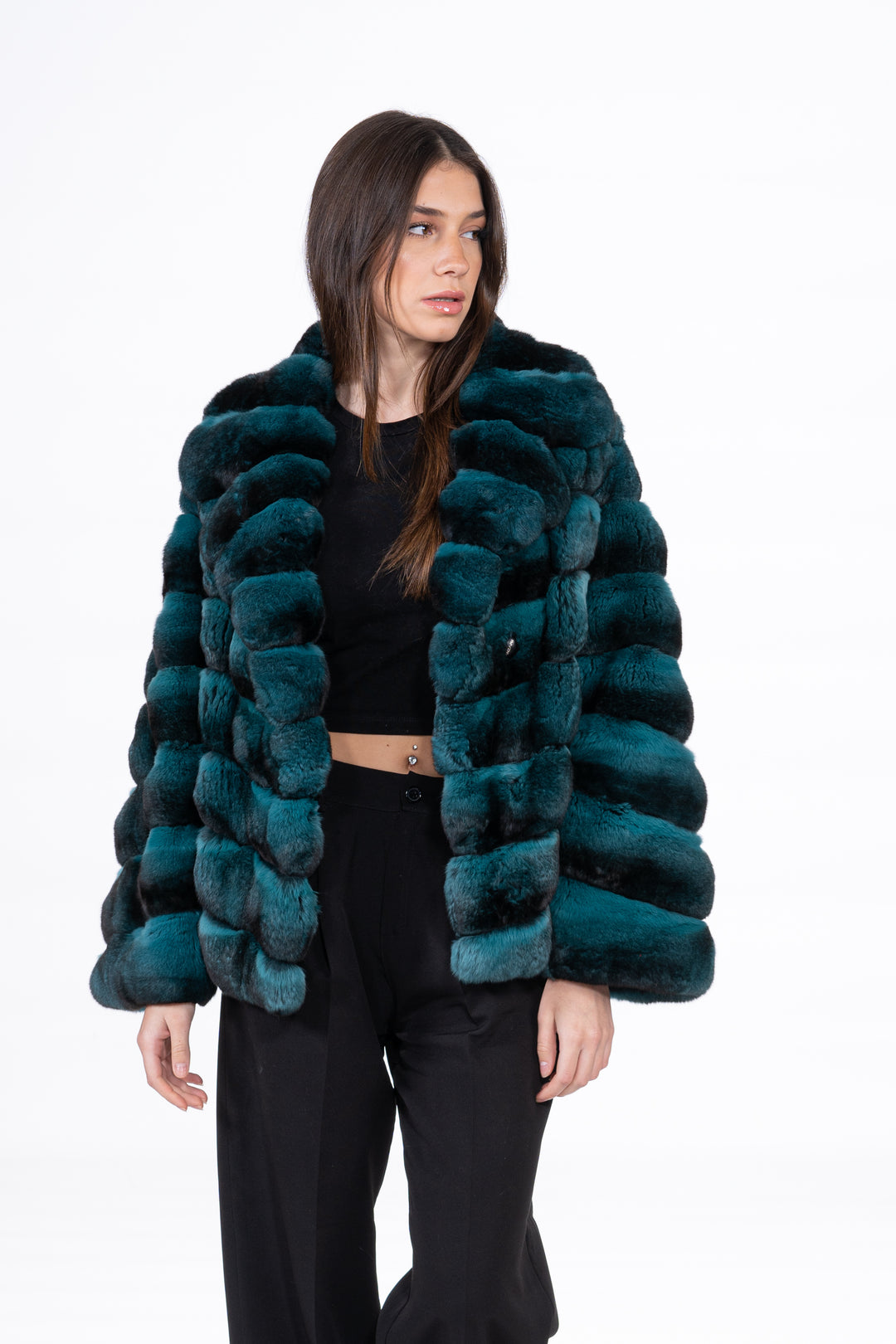 Manzari Green Chinchilla fur coat with a modern touch