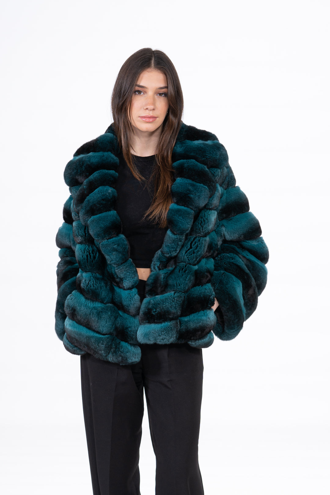 Model wearing a Green Chinchilla fur coat by manzari